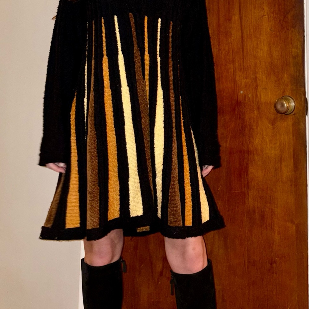 Vintage Striped Black and Brown and Gold Midi Sweater Dress